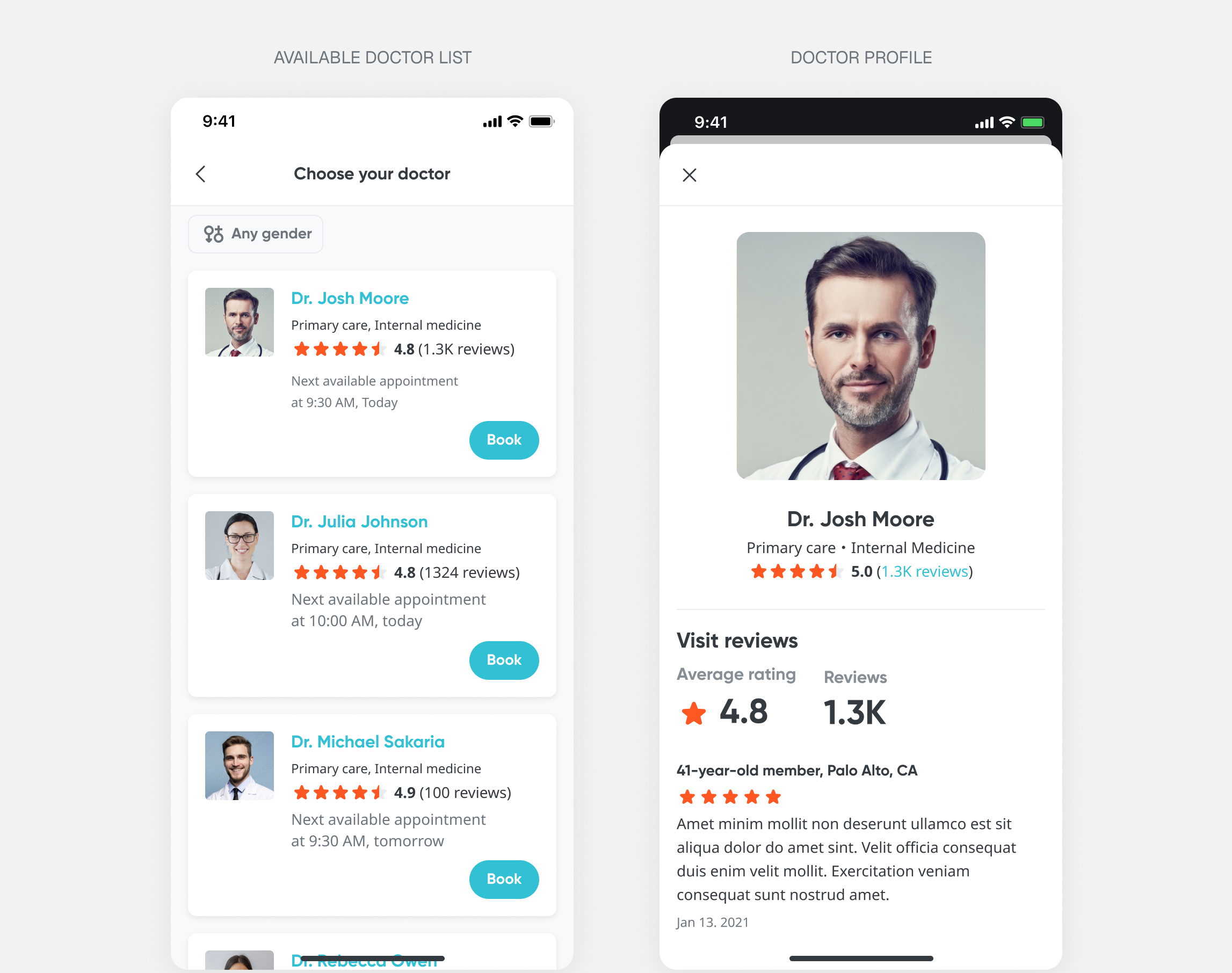 The available doctor list, each row carrying a photo, speciality, rating, review count, next available appointment and a Book button, beside the full doctor profile with visit reviews