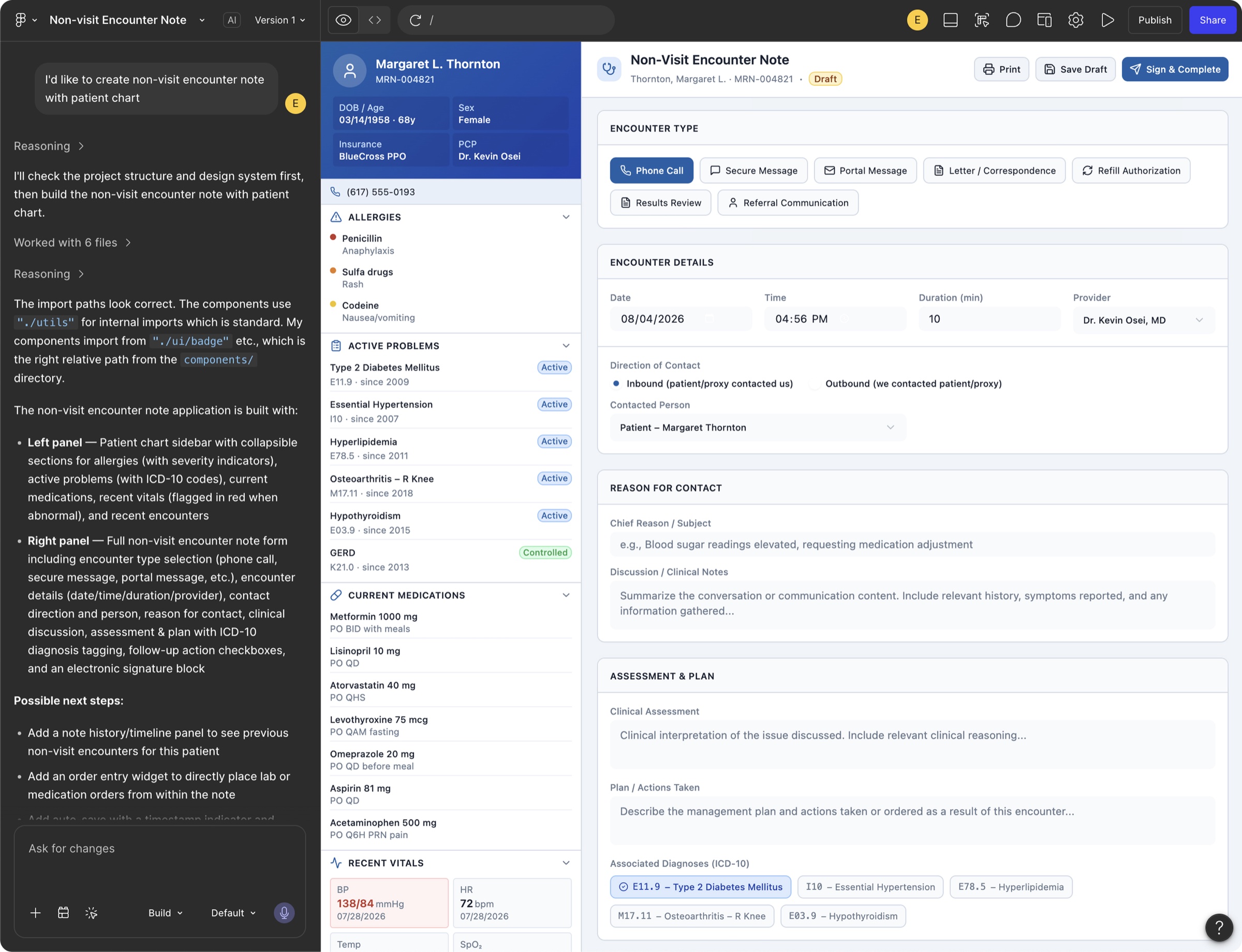 Figma Make generating the first-pass non-visit encounter note: patient chart sidebar beside a full note form