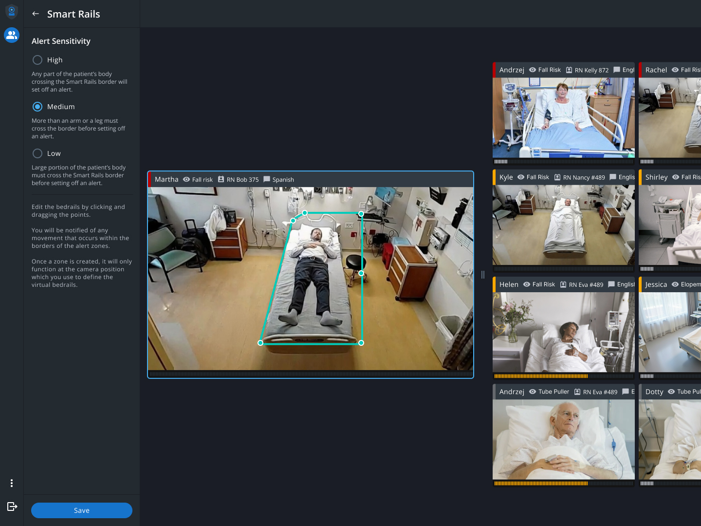 The Smart Rails panel open with High, Medium and Low alert sensitivity options, and the boundary drawn as a draggable box around the bed on the live feed