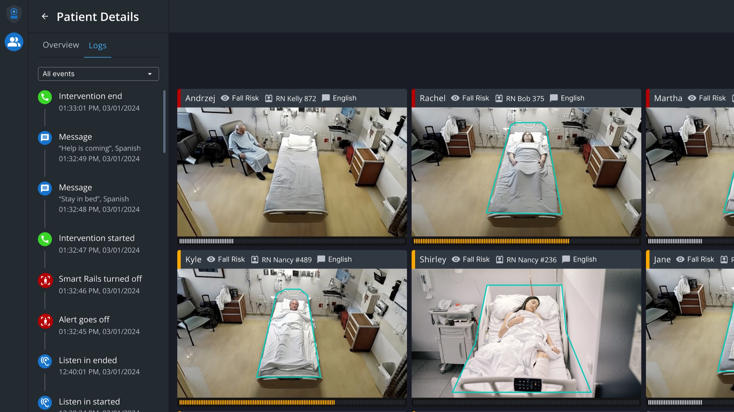 The Logs tab of Patient Details, showing timestamped intervention, message, Smart Rails and alert events beside the patient grid