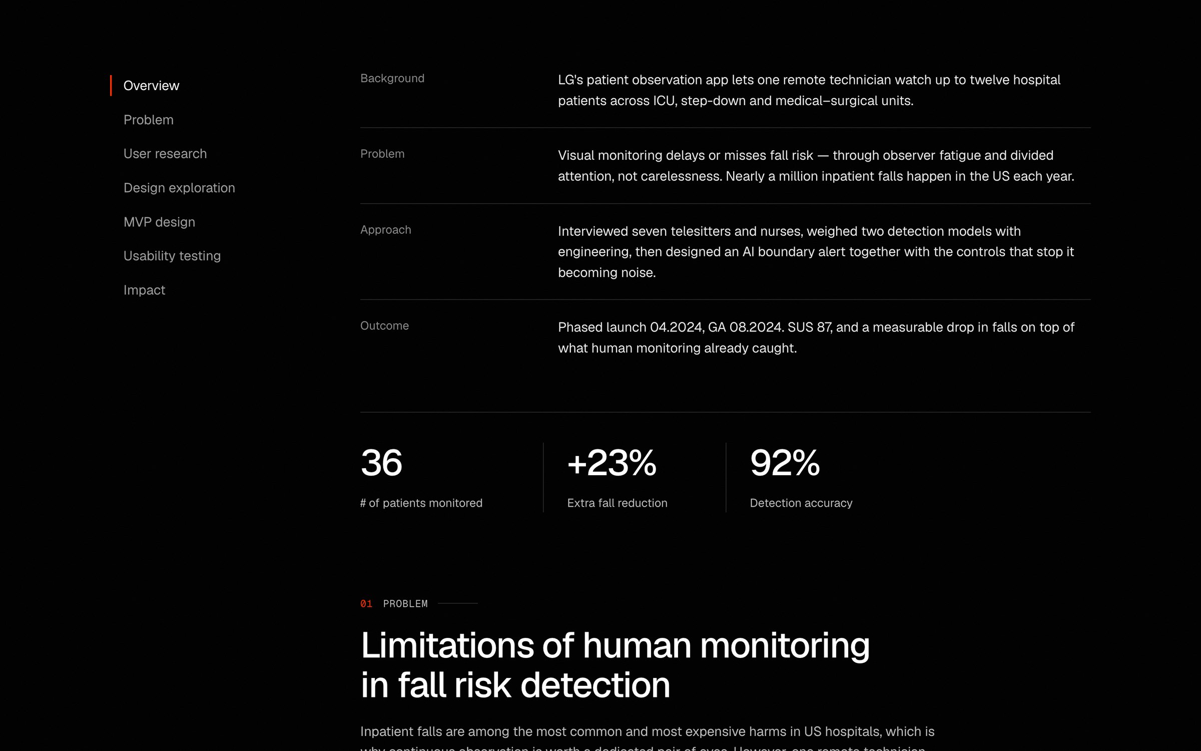 A case study page: the side navigation with Overview selected beside the overview rows, three headline stats, and the first numbered section